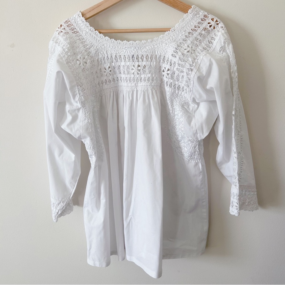 Rare Exquisite Mi Golondrina Handmade Embroidered + Lace White Blouse Sz M - Picture 6 of 8